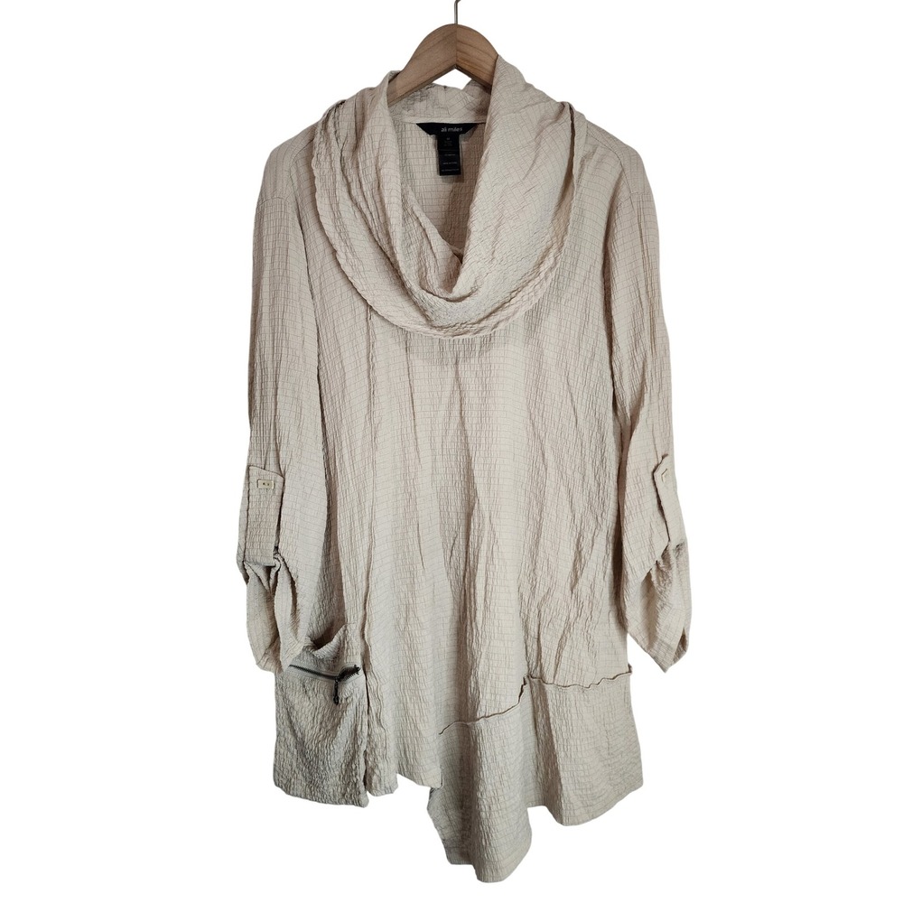 Ali Miles Tunic Women's‎ Medium Oversized Cowl Neck w. Pocket Cream Tan